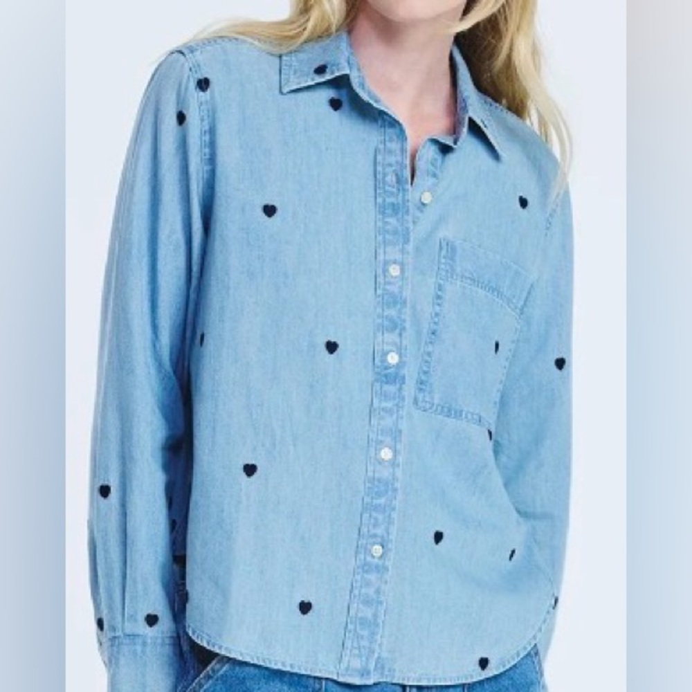 Denim Shirt Blue Heart Print Size XS Relaxed Fit